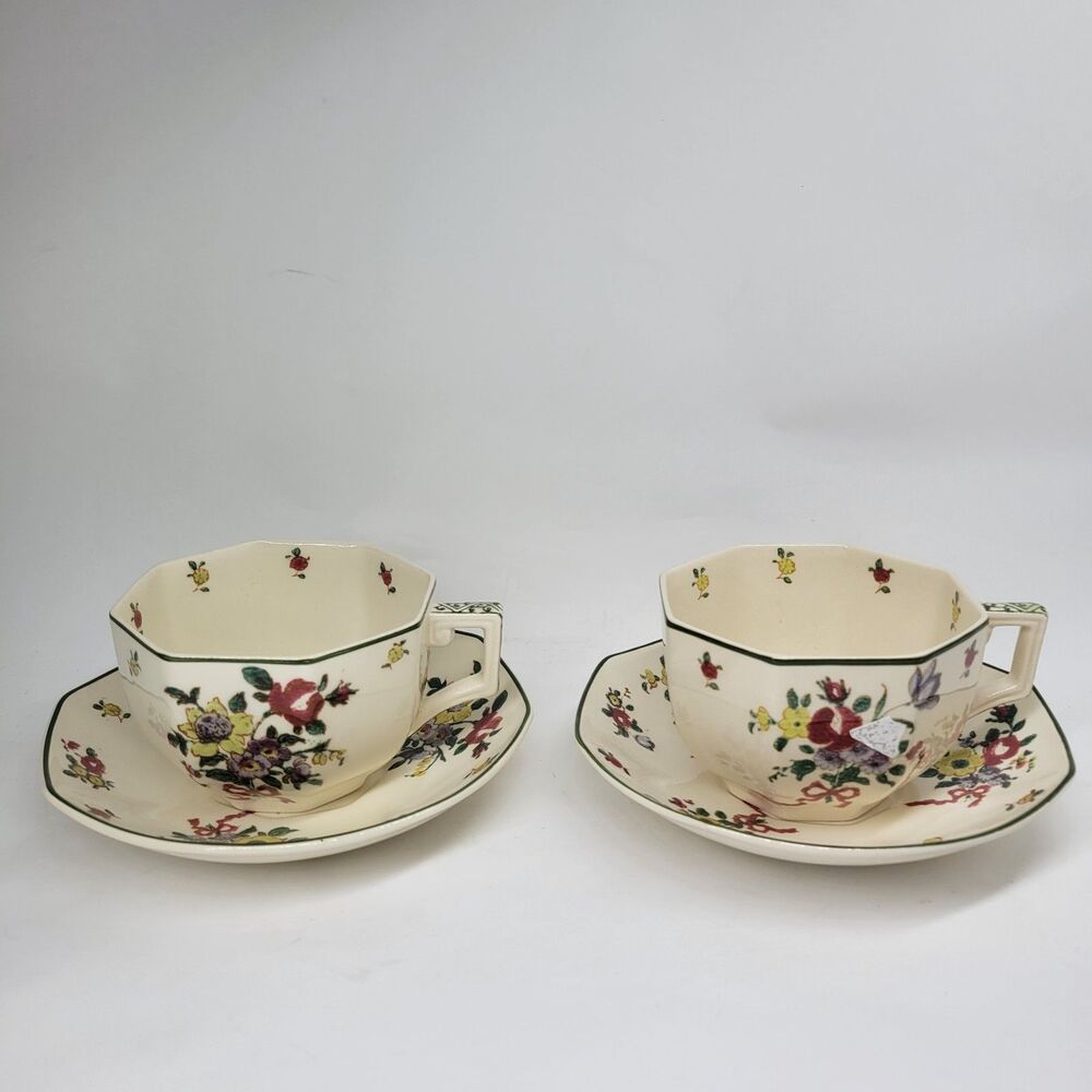 Royal Doulton Old Leeds Spray Set Of 2 Cups and 2 Saucers And Creamer In VGC